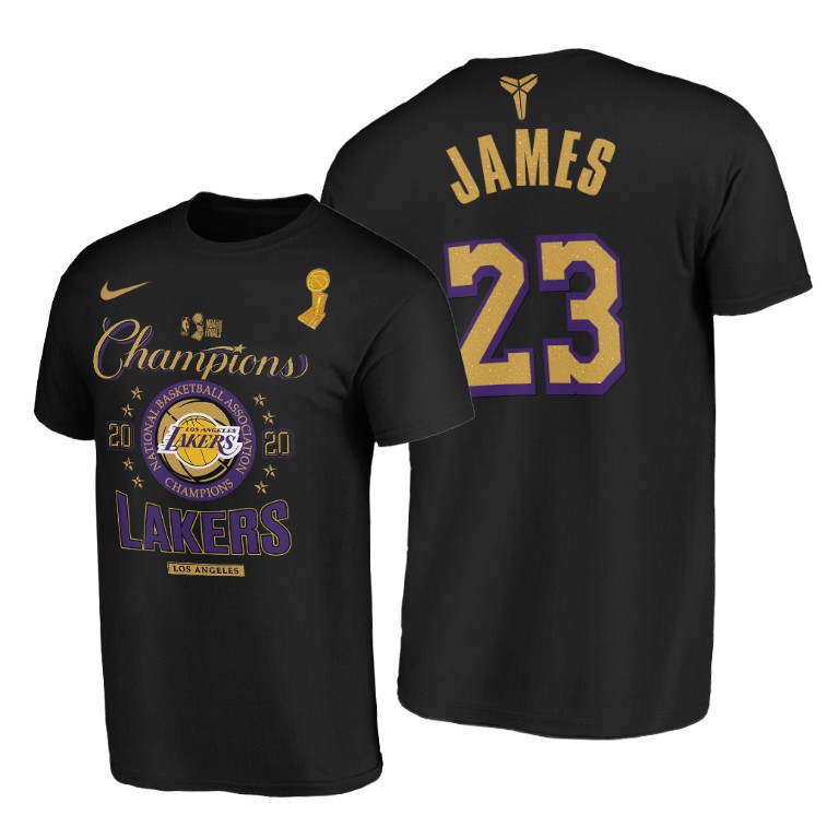 Men's Los Angeles Lakers LeBron James #23 NBA 2020 Locker Room Finals Champions Black Basketball T-Shirt YKD3083YO